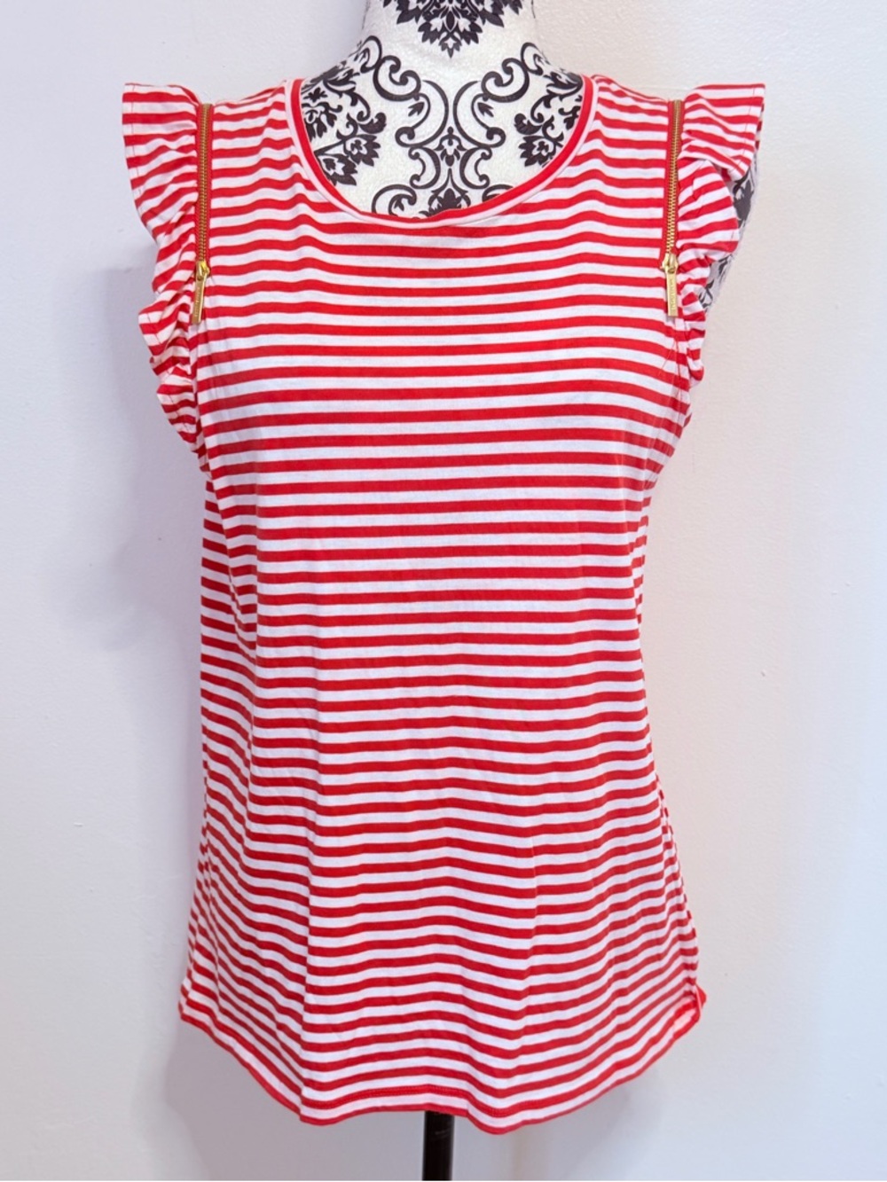 Michael Kors Women's Red and White Striped Ruffle Sleeve Top Large NWT